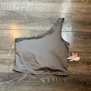 NWT one shoulder gray fitted crop top ruffle trim Shelf bra lining athleisure
